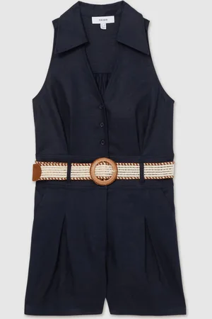 Reiss Navy Anjie Linen Belted Collar Playsuit AU 14