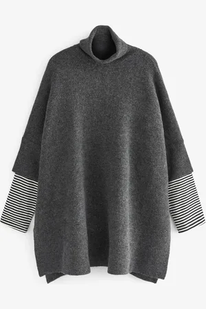 Next Charcoal Grey Knitted Poncho with Stripe Sleeve S-M