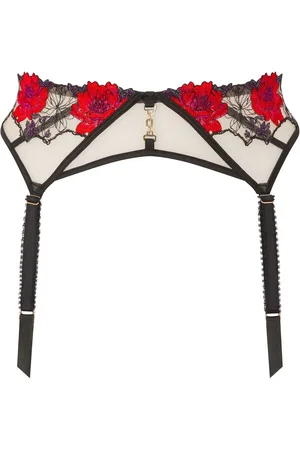 Ann Summers Black Caged Rose Floral Print Embroidery Suspender Belt S