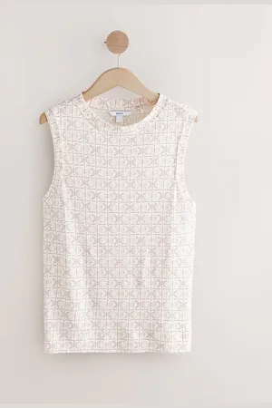 Next Ecru Tile Print Linen Modal Soft Touch Sleeveless Crew Neck Tank Vest Top AU 16
