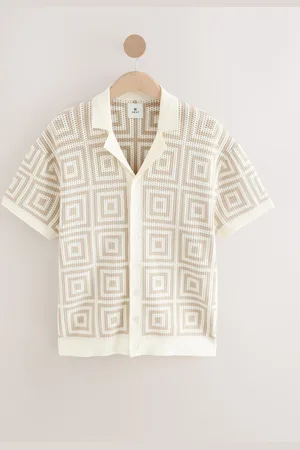 Next Relaxed Fit Short Sleeve Geometric Pattern Knit Shirt with Cuban Collar XXL
