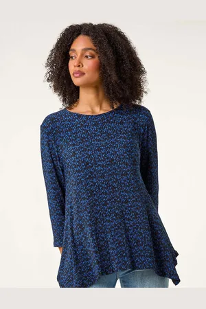 Roman Blue Printed Plisse Hanky Hem Tunic Stretch Top AU 20