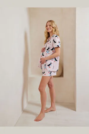 Chelsea Peers Pink Maternity Cotton Puffin Print Short Pyjamas Set AU 18