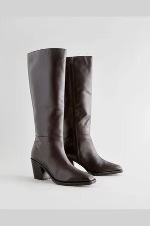 Next Chocolate Brown Leather Forever Comfort Cowboy Knee High Heeled Boots AU 10 (EU 42)
