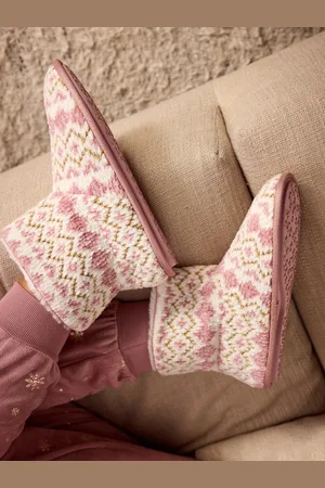 Bath & Body Works Pink/Cream Fairisle Pattern Slipper Boots AU 7 (EU 38)
