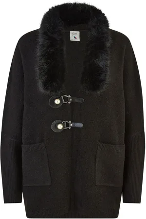 Yumi Black Cardigan With Detachable Faux Fur Collar Trim S-M