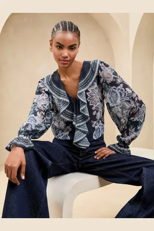 Lipsy London Blue Ruffle Front Ruffle Cuff Printed Blouse AU 10