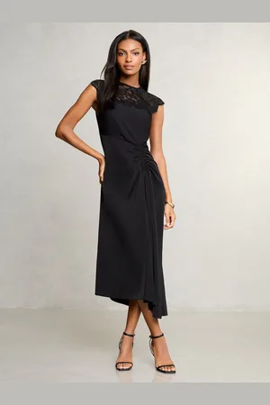 Lipsy London Petite Lace Top Asymmetrical Fit and Flare Midi Dress AU 14