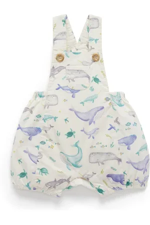 Purebaby Blue Whale Print Short Leg 100% Cotton Dungarees 7492cm