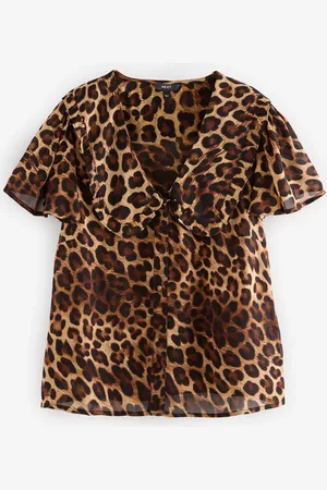 Next Leopard Print Peter Pan Collar Sheer Short Sleeve Blouse AU 26