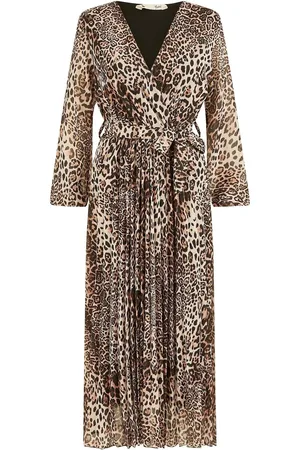 Yumi Leopard Print Pleated Long Sleeve Wrap Midi Dress AU 10
