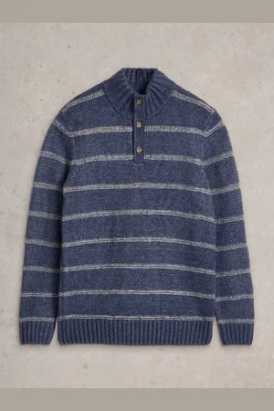 White Stuff Blue Breton Stripe Button Neck Jumper L