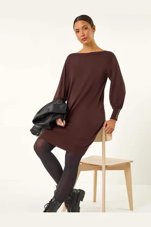 Roman Button Detail Slash Neck Knitted Stretch Jumper Dress AU 14