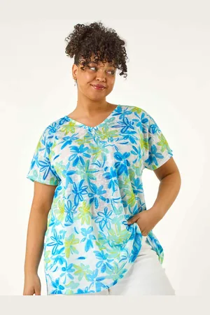 Roman Blue Curve V-Neck Floral Blouse AU 18