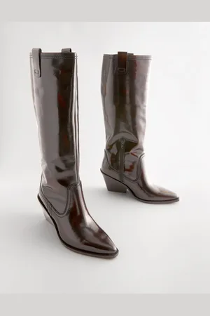 Next Chocolate Brown Premium Leather Knee High Heeled Cowboy Boots AU 7.5 (EU 38.5)
