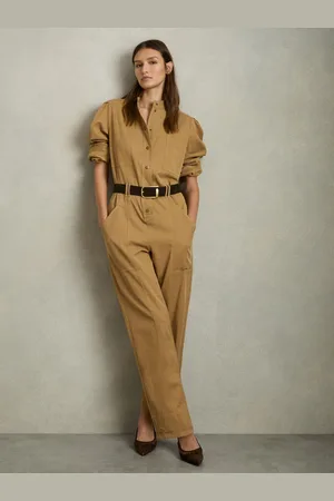 Reiss Camel Mina Lyocell-Cotton Wide-Leg Jumpsuit AU 8