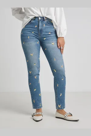 Simply Be Blue Slim Fruit Embroidered Mom Jeans 20