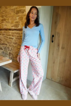 Threadbare Blue 100% Cotton Lace V-Neck Printed Pyjamas Set AU 14