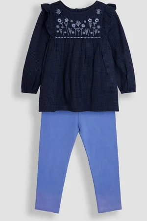 JoJo Maman Bébé Navy Blue Houndstooth Floral Embroidered Frill Blouse and Leggings Set 2 Piece 5