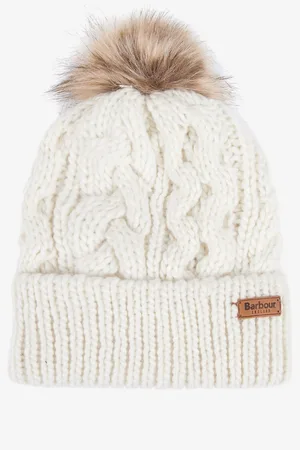 Barbour Cream Penshaw Cable Knit Faux Fur Pom Beanie Logo Hat One