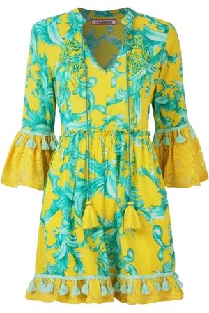 Joe Browns Yellow Boho Print Lace Sleeve Beaded 100% Cotton Tunic AU 16