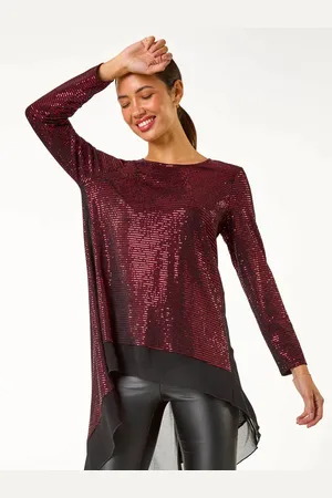 Roman Red Chiffon Hem Sequin Stretch Tunic Top AU 18