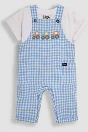 JoJo Maman Bébé Blue 2-Piece Tractor Gingham Dungarees & T-Shirt Set Upto 3 Months (50