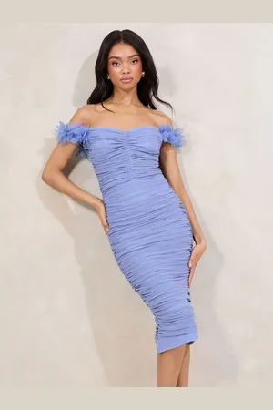 Lipsy London Bardot 3D Trim Mesh Ruched Bodycon Dress AU 12