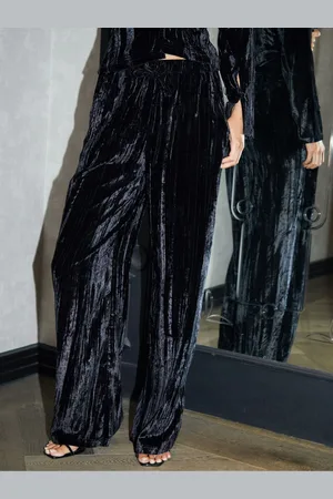 Threadbare Black Crinkle Velvet Wide Leg Trousers AU 16
