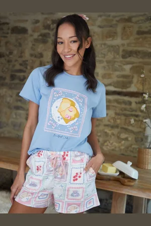 Threadbare Blue Graphic Print Shortie 100% Cotton Pyjamas Set AU 14