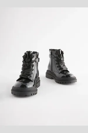 Next Black Patent Standard Fit (F) Chunky Lace-Up Ankle Boots AU 10.5 (EU 28.5)