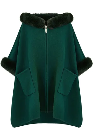Yumi Green Cape With Luxe Faux Fur Trim And Lining Poncho S-M