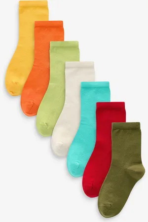 Next Red/Orange/Yellow/Green/Blue Cotton Rich Plain Socks 7 Pack 3-5.5 Jnr