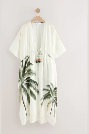 Next Ecru Palm Maxi Tie Waist Kimono Cover-Up medium