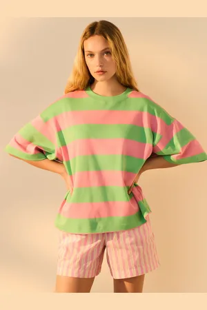 Next Pink/Green Stripe Oversized Relaxed Fit 100% Cotton Boxy Heavyweight Crew Neck T-Shirt XL