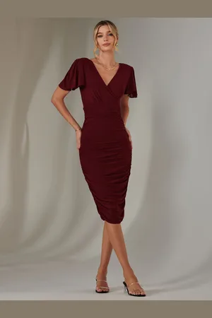 Jolie Moi Plain Angel Sleeve Ruched Bodycon Dress AU 12