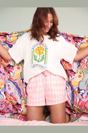 Eleanor Bowmer Pink Graphic 100% Cotton T-Shirt Shorts Pyjamas Set AU 22