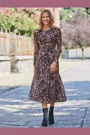 Sosandar Animal Print Mesh Ruched Waist Fit and Flare Dress AU 16