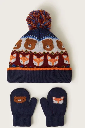 Monsoon Navy Forest Animals Knit Beanie and Mittens Set 9298cm