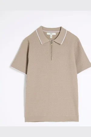 River Island Stone Short Sleeve Muscle Fit Textured Tipped Polo Shirt S