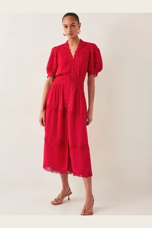 Monsoon Kiana Pintuck Puff-Sleeve Midi Dress AU 16
