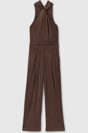 Reiss Chocolate Claudia Jersey Halter Neck Wide Leg Jumpsuit AU 14