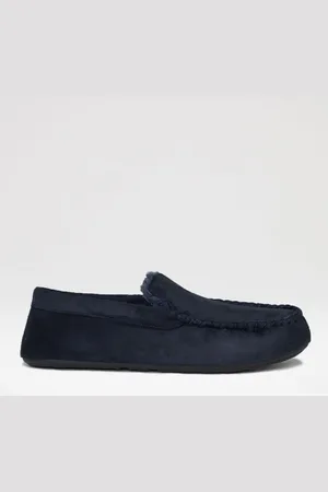 Threadbare Blue Faux Fur Lined Suedette Moccasin Slippers UK 11-12