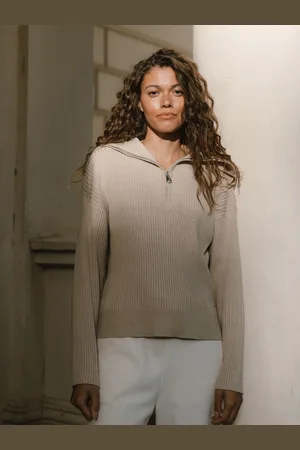 Chelsea Peers Nude Ribbed Knit Quarter Zip Funnel Sweatshirt AU 6