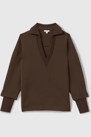 Reiss Chocolate Bernie Relaxed Open-Collar Jumper L