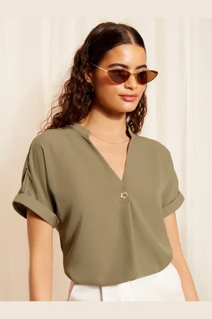 Friends Like These Green V-Neck Roll Sleeve Button Blouse AU 16