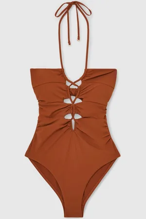 Reiss Tan Rosella Ruched Cut-Out Swimsuit AU 8