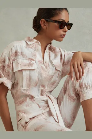 Reiss Blush Kaia Linen Tropical Print Belted Jumpsuit AU 6