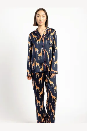Chelsea Peers Blue Satin Giraffe Print Long Pyjama Set AU 10