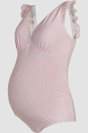 JoJo Maman Bébé Pink Maternity Stripe Frill Sleeve V-Neck Swimsuit L